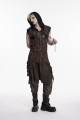 Black/Coffee  Sleeveless Spliced Lace-Up Hooded Mesh Pearl-Decorated Eyelet Men's Punk T-Shirt - Product - 5