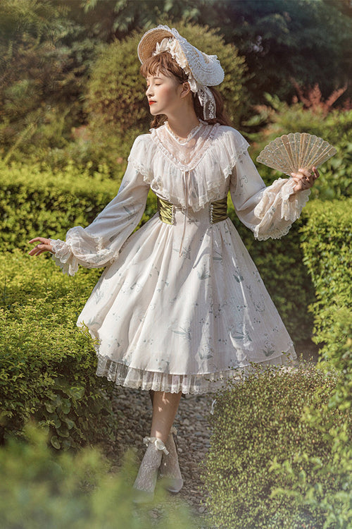 Beige Lace Round Collar Ruffled Lantern Sleeves Fresh Floral Print Sweet (Dress Only) detail view 3