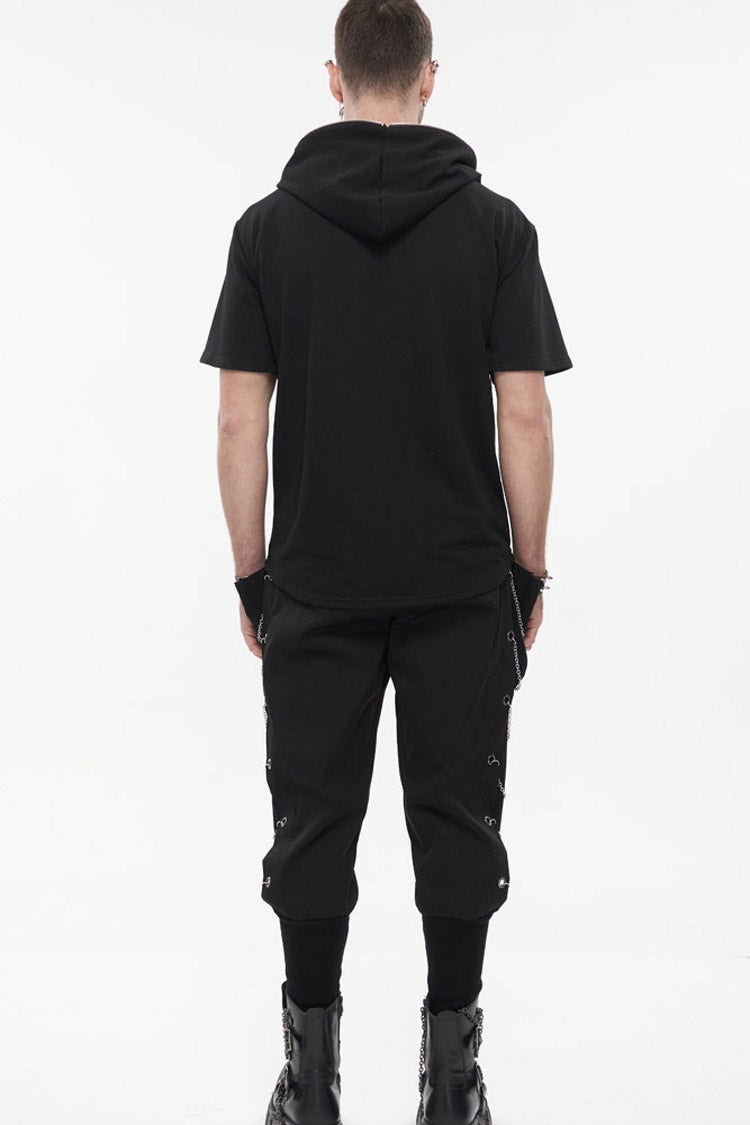 Black Punk Short Sleeve Metal Zipper Lace-Up Knit Loose Casual Hooded Men's T-Shirt - Product - 8