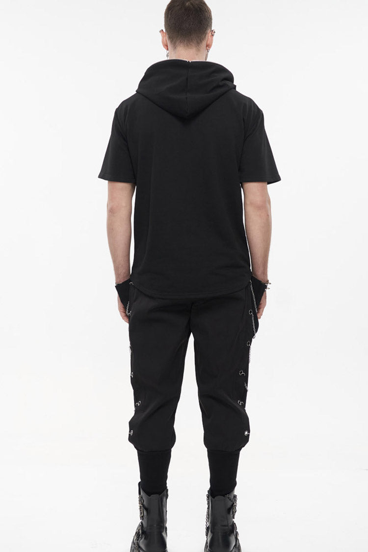Black Punk Short Sleeve Metal Zipper Lace-Up Knit Loose Casual Hooded Men's T-Shirt - Product - 8
