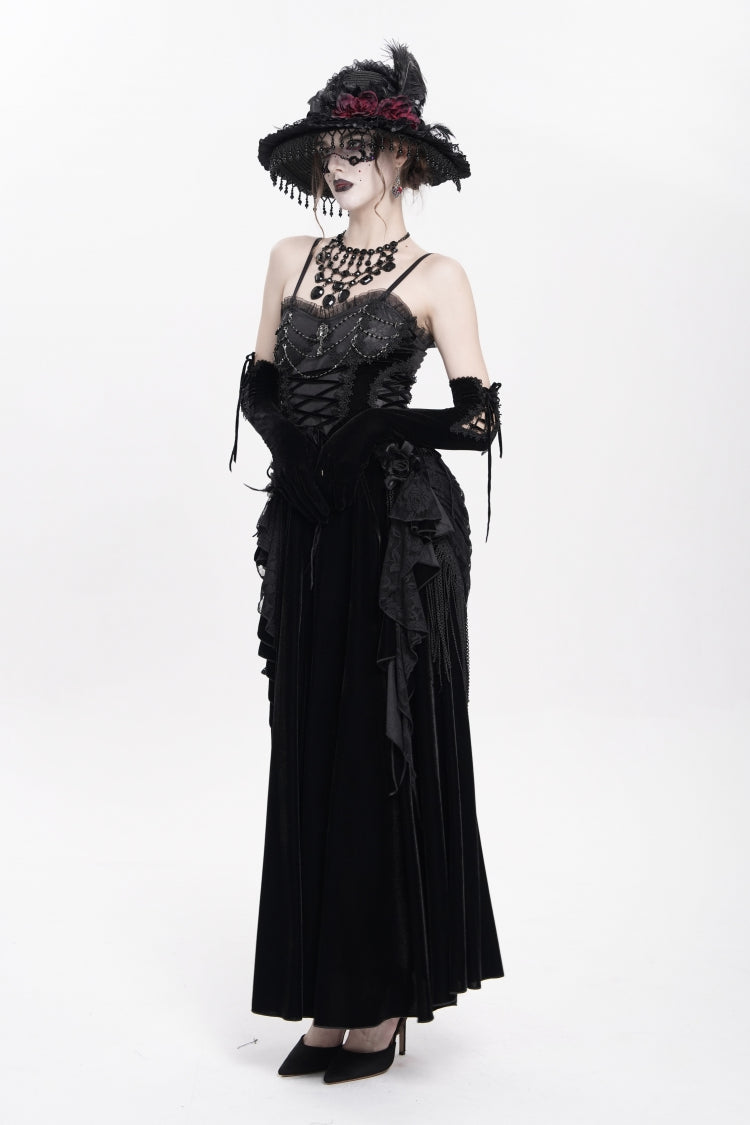 Black Sleeveless Ruffle Lace-Up Plumed Women's Gothic Long Slip Dress - Product - 6
