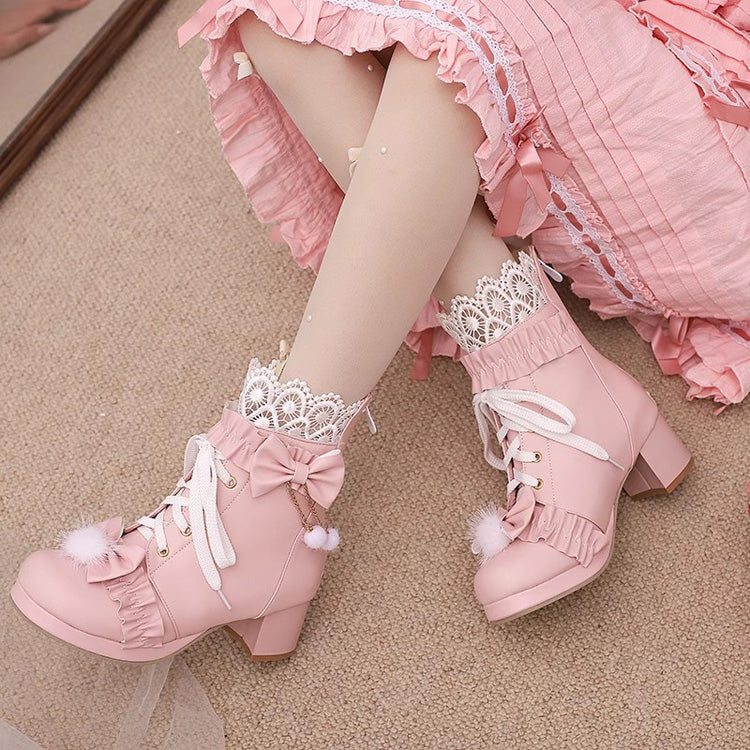 Bowknot Stitching Lace Sweet Gorgeous Lolita Boots 3 Colors - Pink - 4
