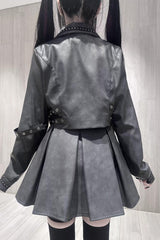 Black [Eternal Night of Bones] Lapel Collar Long Sleeves Studded Eyelet Gothic Jirai Kei Japanese Handsome Top and Skirt Set - Product - 12