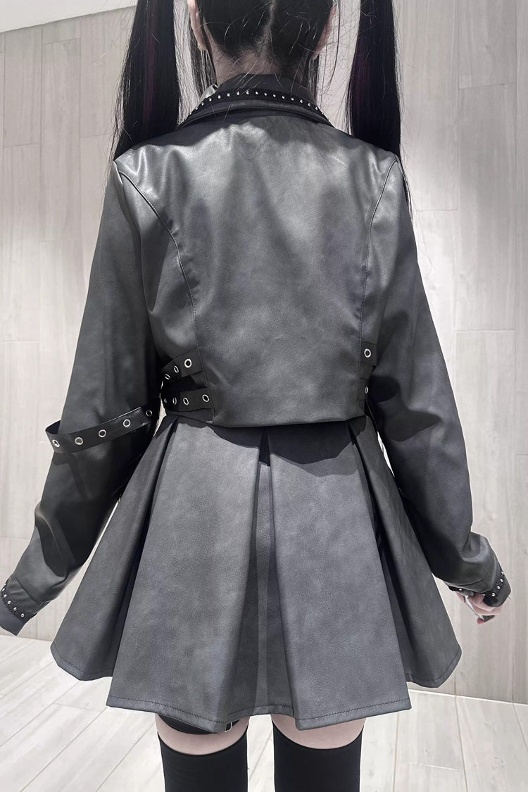 Black [Eternal Night of Bones] Lapel Collar Long Sleeves Studded Eyelet Gothic Jirai Kei Japanese Handsome Top and Skirt Set - Product - 12