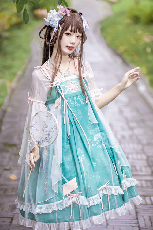 Original Chinese Han Elements Improved Lotus Print Sweet Hanfu Dress Full Set - Product - 8