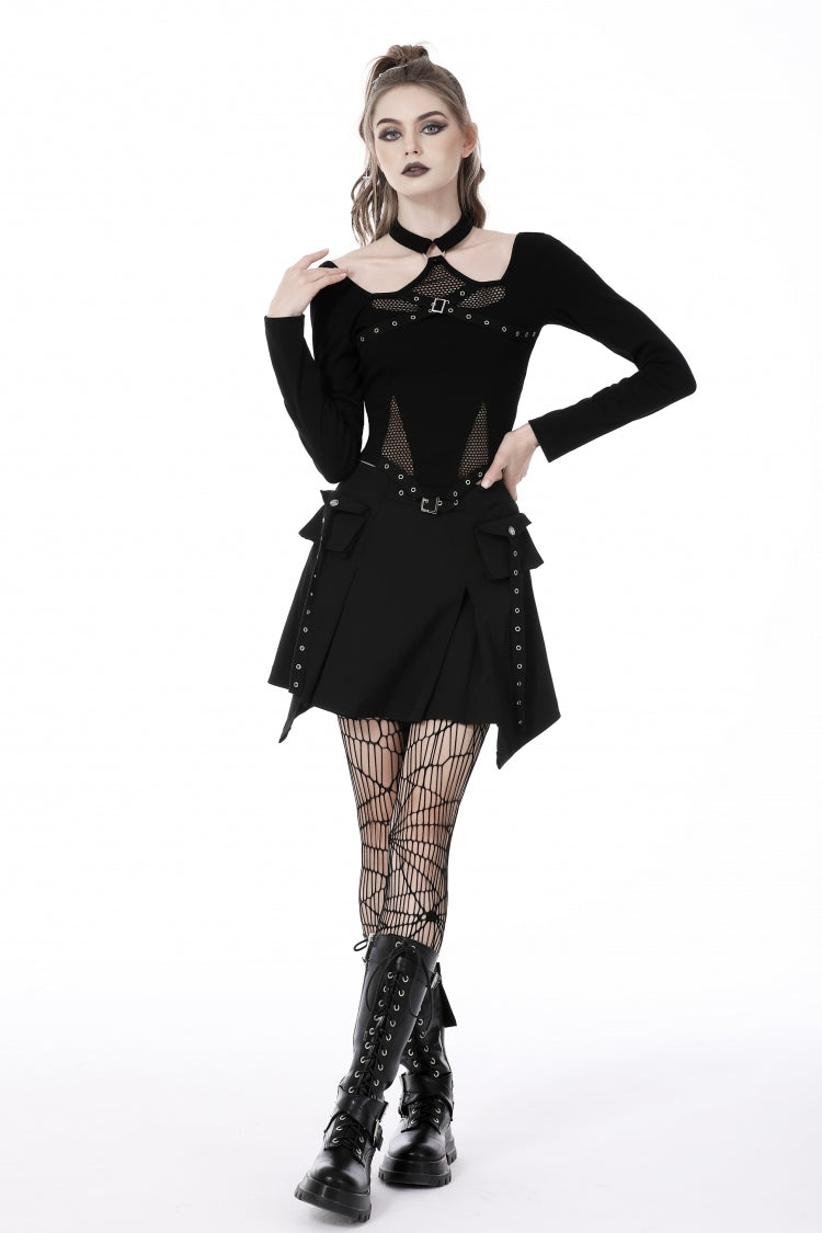 Black Halterneck Long Sleeves Eyelet Mesh Splice Women's Punk Crop Top - Product - 7