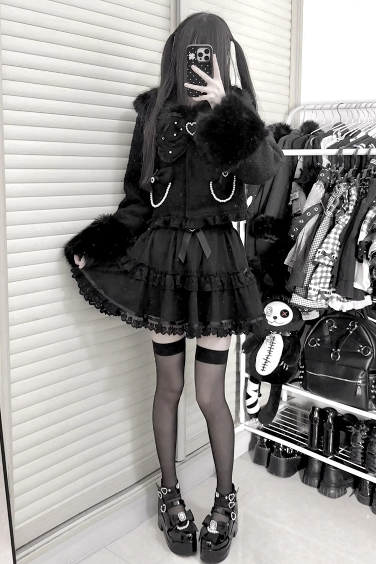 Black Long Sleeves Bow Sheep Wool Gothic Jirai Kei Japanese Short Coat - Product - 6