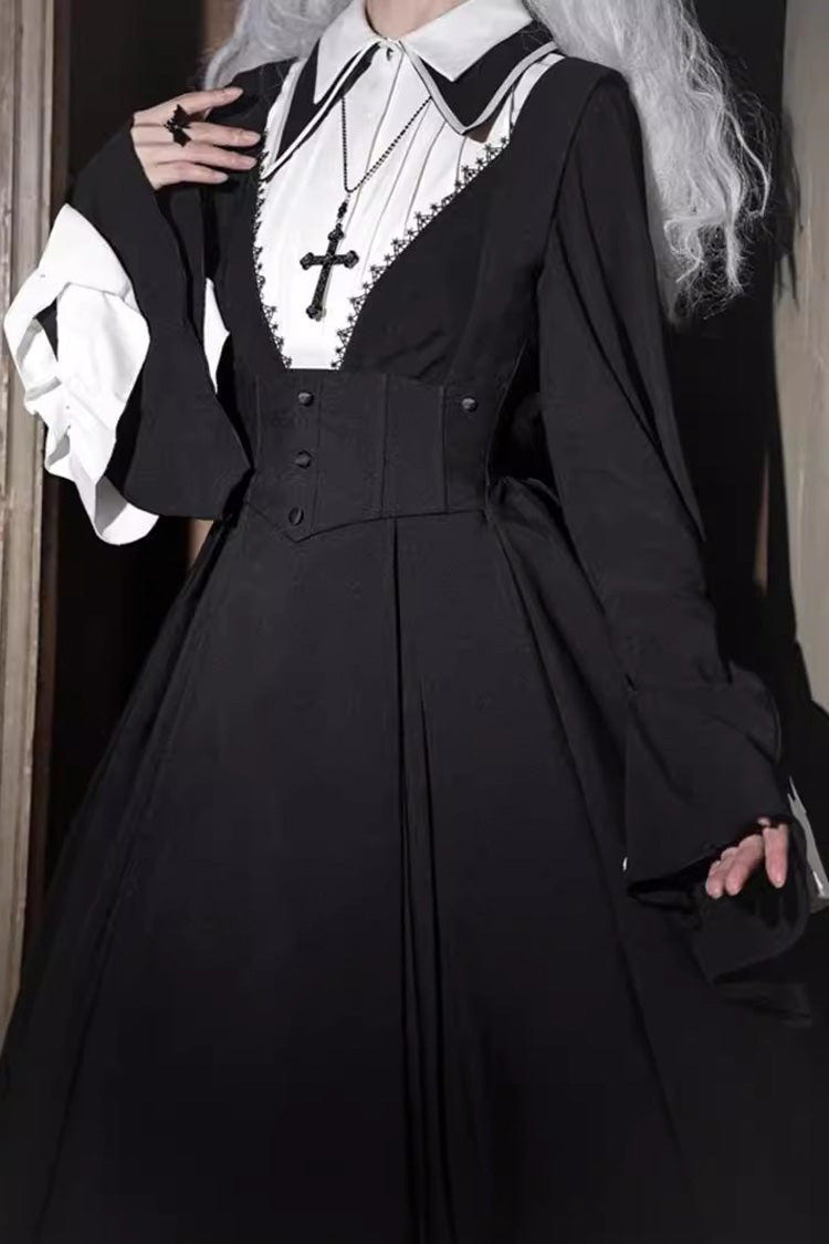 Black Cross Salute Nun Long Sleeves Ruffle Plus Size Gothic Lolita Strap Dress Set - Product - 4