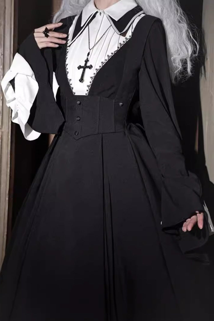 Black Cross Salute Nun Long Sleeves Ruffle Plus Size Gothic Lolita Strap Dress Set - Product - 4