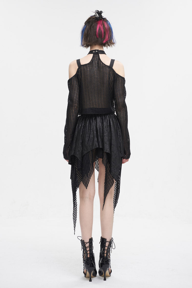 Black Off Shoulder Buckle Sheer Crop Women's Punk Shirt - Product - 6