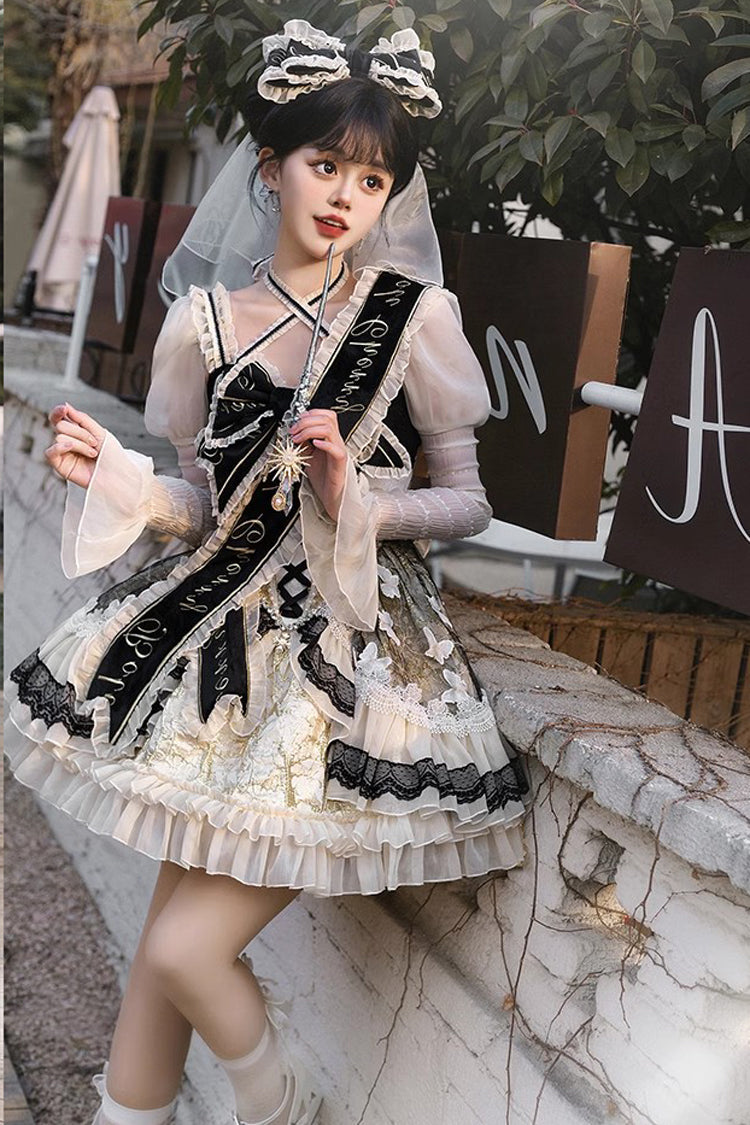 Black/Gold [Lilibet] Print Ruffle Cardigan Bowknot Lace Fishbone Sweet Lolita Dress - Product - 8