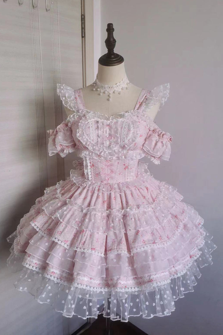 Pray for Dopamine Multi-layer Ruffle Lace Sweet Lolita Jsk Dress 5 Colors - Floral Pink - 4