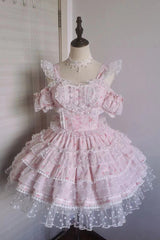 Pray for Dopamine Multi-layer Ruffle Lace Sweet Lolita Jsk Dress 5 Colors - Floral Pink - 4