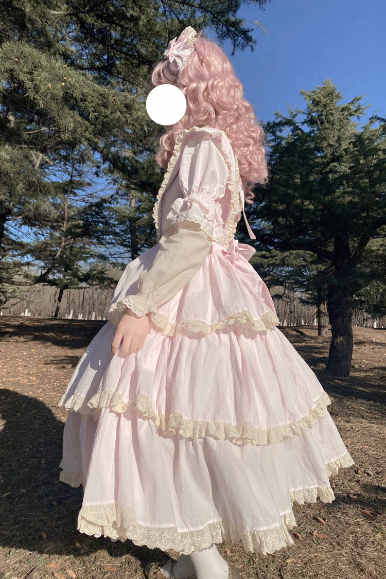 Pink Lapel Collar Long Sleeves High Waisted Multi-layer Bowknot Sweet Lolita Dress - Product - 3