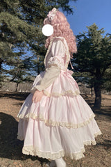 Pink Lapel Collar Long Sleeves High Waisted Multi-layer Bowknot Sweet Lolita Dress - Product - 3