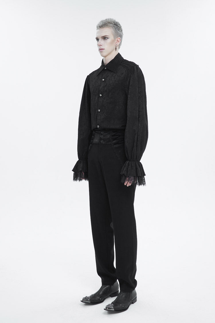 Black Lapel Collar Puff Sleeved Lace Hem Men's Gothic Shirt - Product - 4