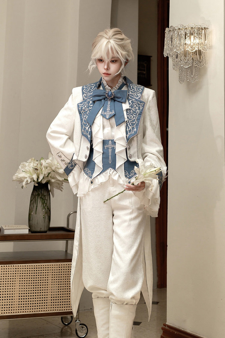 White [Moonlit Paladin Prince] Ruffle Embroidery Bowknot Classic Prince Handsome Ouji Lolita Set - Product - 11