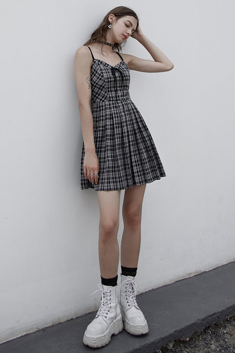 White/Black Plaid Front Chest Bow Decoration Women's Punk Slip Dress - Product - 4