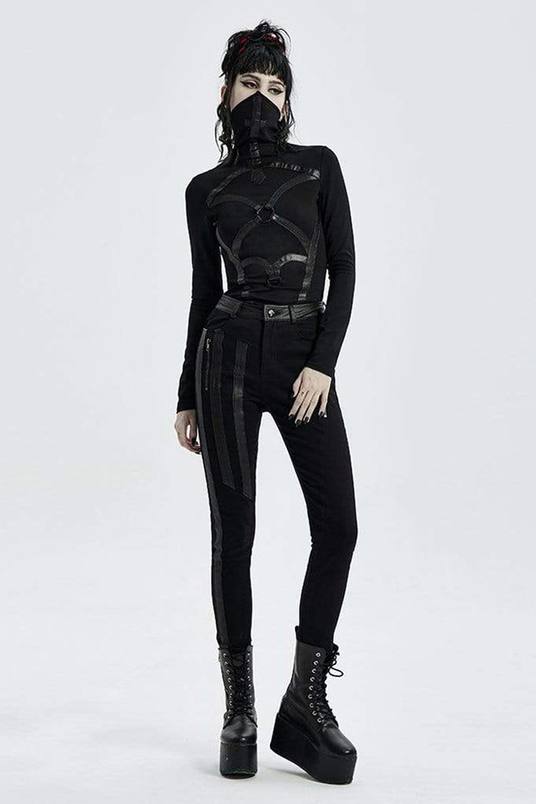 Black High Collar Long Sleeve Front Metal Ring Woven Tape Decoration Irregular Hem Women's Punk T-Shirt - Product - 4