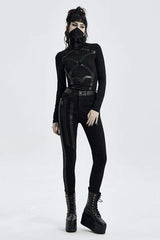Black High Collar Long Sleeve Front Metal Ring Woven Tape Decoration Irregular Hem Women's Punk T-Shirt - Product - 4