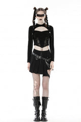 Black Long Sleeves Cut-Out Spliced Mesh Zippered Strappy Eyelet Women's Punk Crop Top - Product - 5