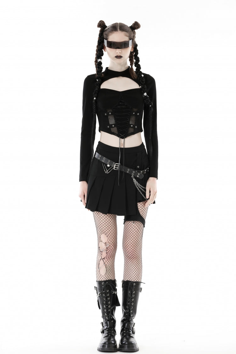 Black Long Sleeves Cut-Out Spliced Mesh Zippered Strappy Eyelet Women's Punk Crop Top - Product - 5