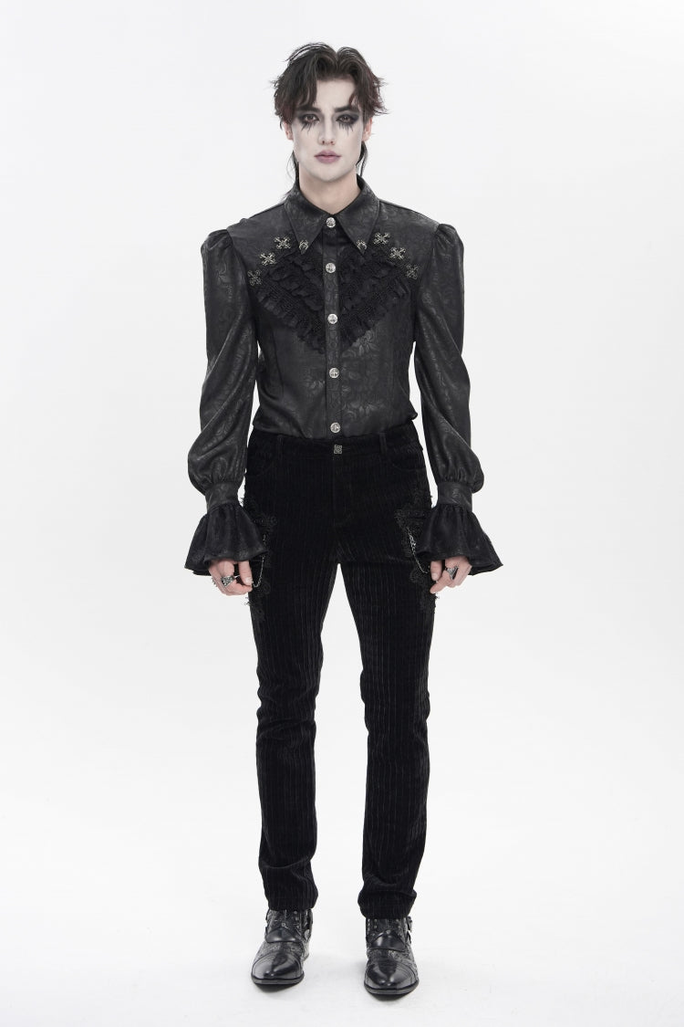 Black Cross Spider Turn-down Collar Long Trumpet Sleeves Printed Lace Men's Gothic Shirt - Product - 2