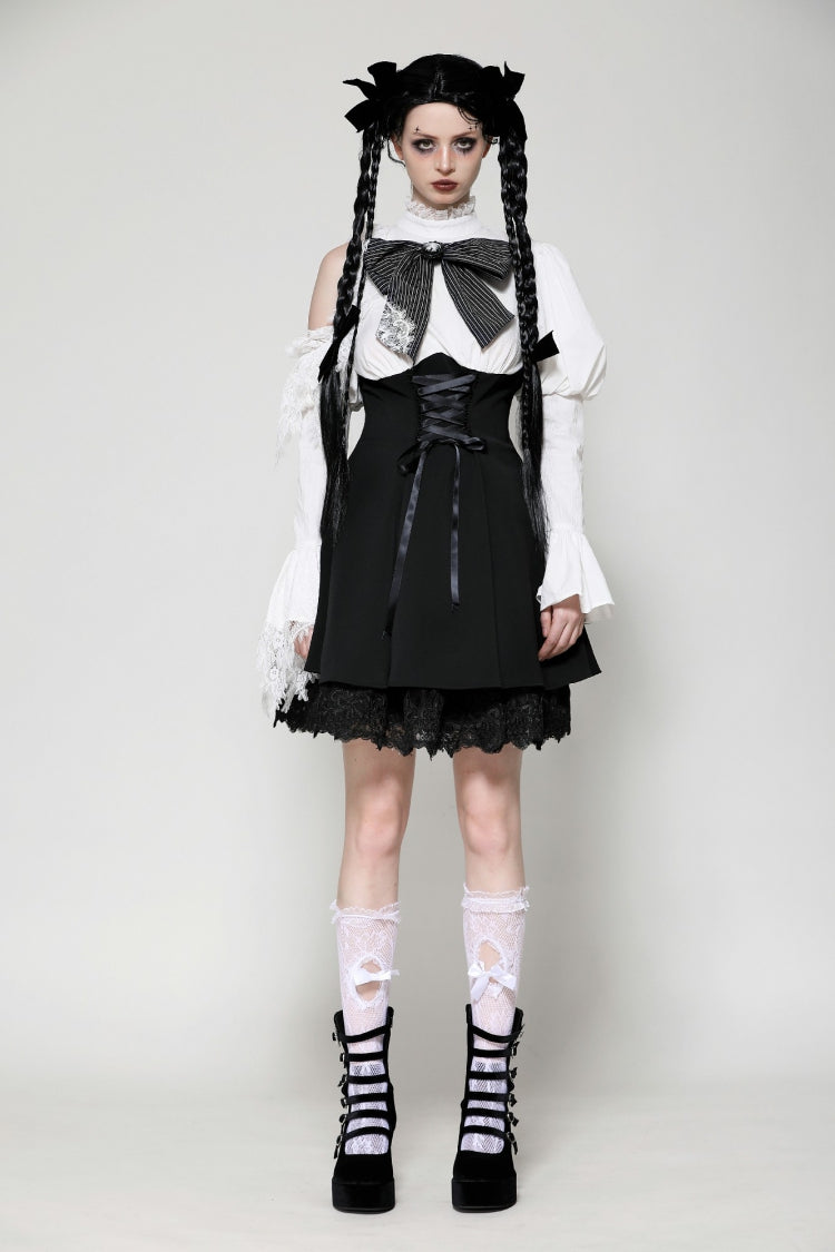 Black/White Lace High Collar Asymmetric Long Trumpet Puff Sleeves Bowknot Women's Lolita Gothic Short Dress - Product - 5