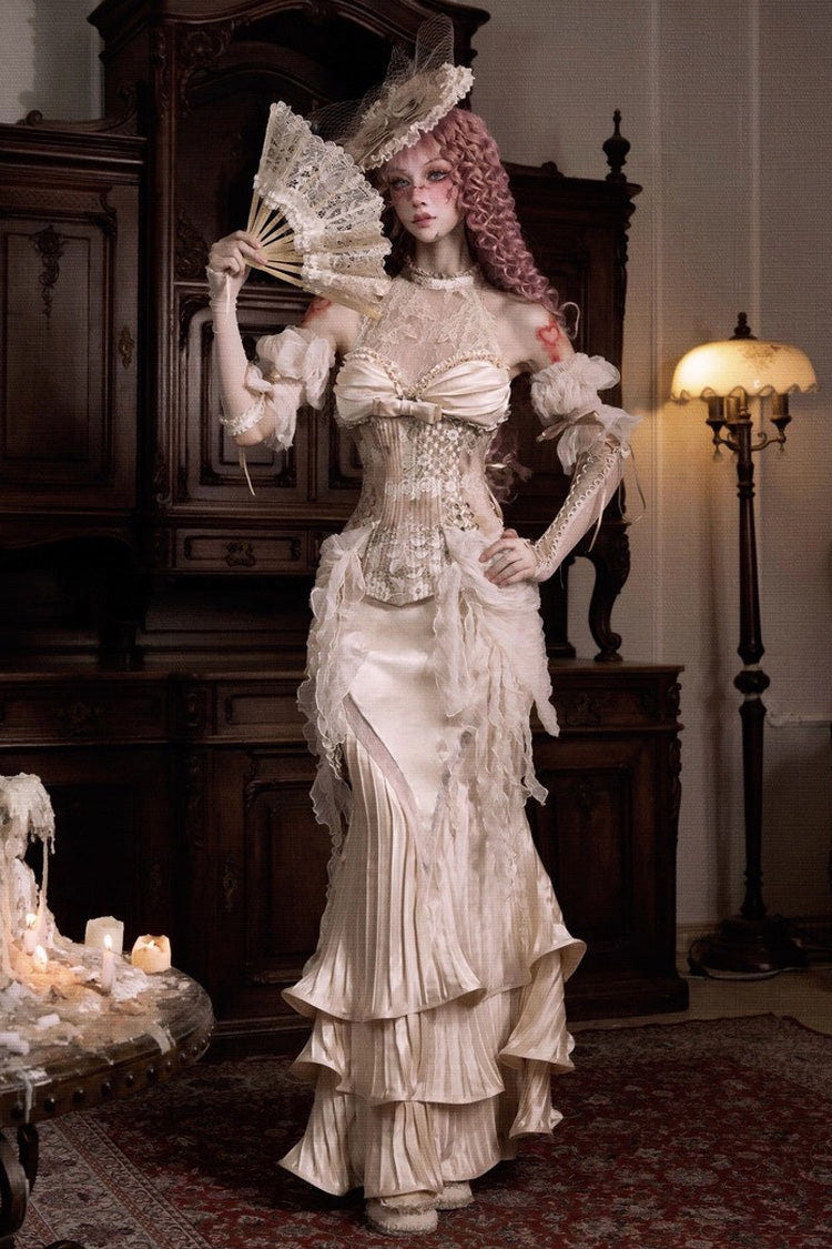 Golden [Cupid’s Poetry Box] Halterneck Ruffled Embroidered Bow Lace Slim Fishbone Gothic Lolita Top and Skirt Dress Set - Set - 1
