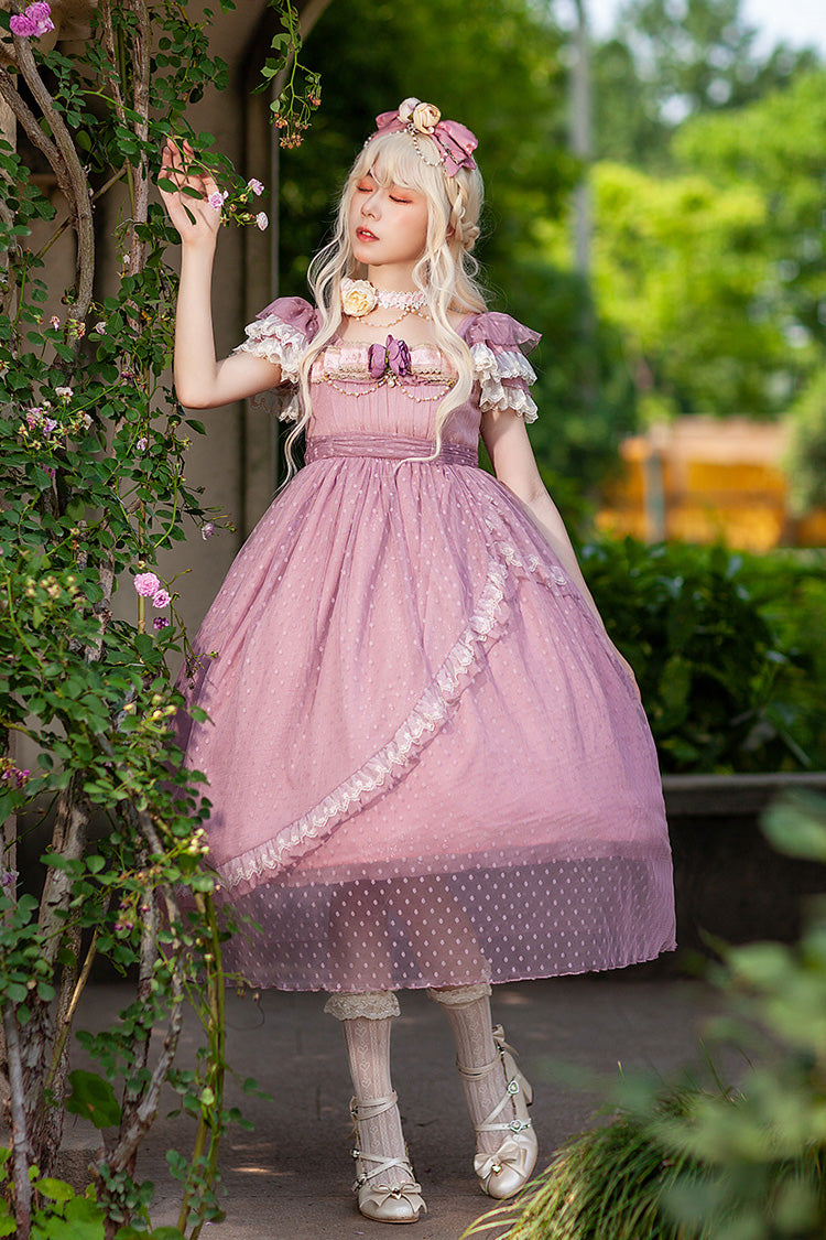 Pink [Moon goddess *Mediana*] Polka Dot Print Ruffle Bowknot Asymmetric Sweet Elegant Lolita Dress - Product - 2