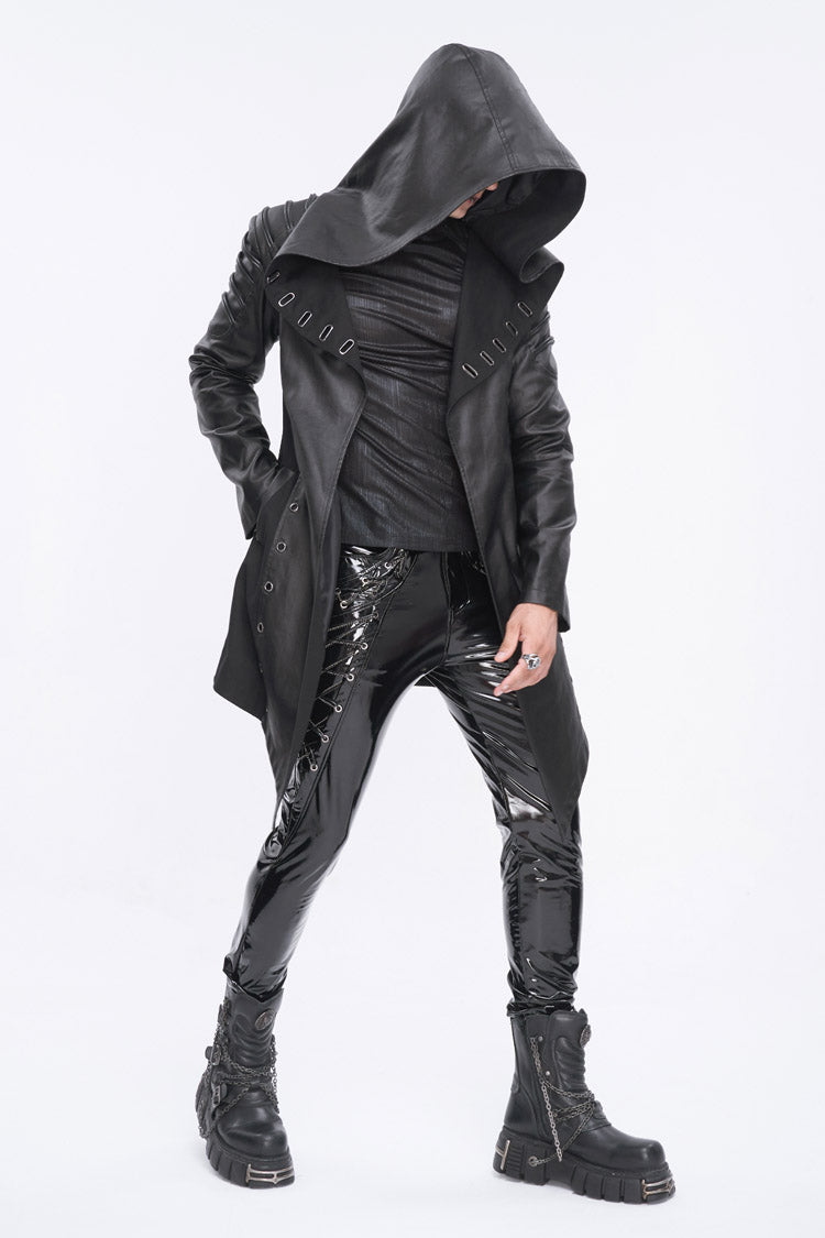 Black Irregular Eyelet Men's Gothic Jacket With Hood - Product - 4