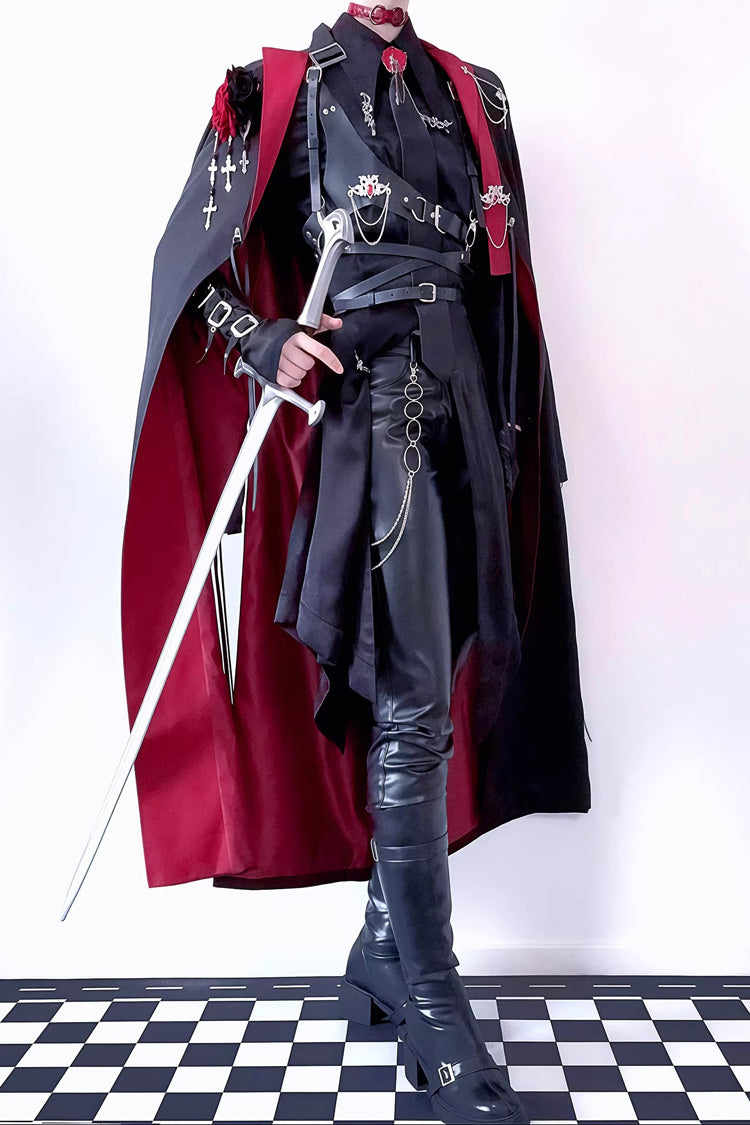 Black/Red [Night Sentinel] Long Sleeves Ouji Gothic Lolita Long Trench Coat - Product - 5