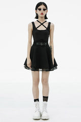 Black Front Metal Buckle Loops High Waist Splice Mesh Women's Punk Skirt - Product - 4