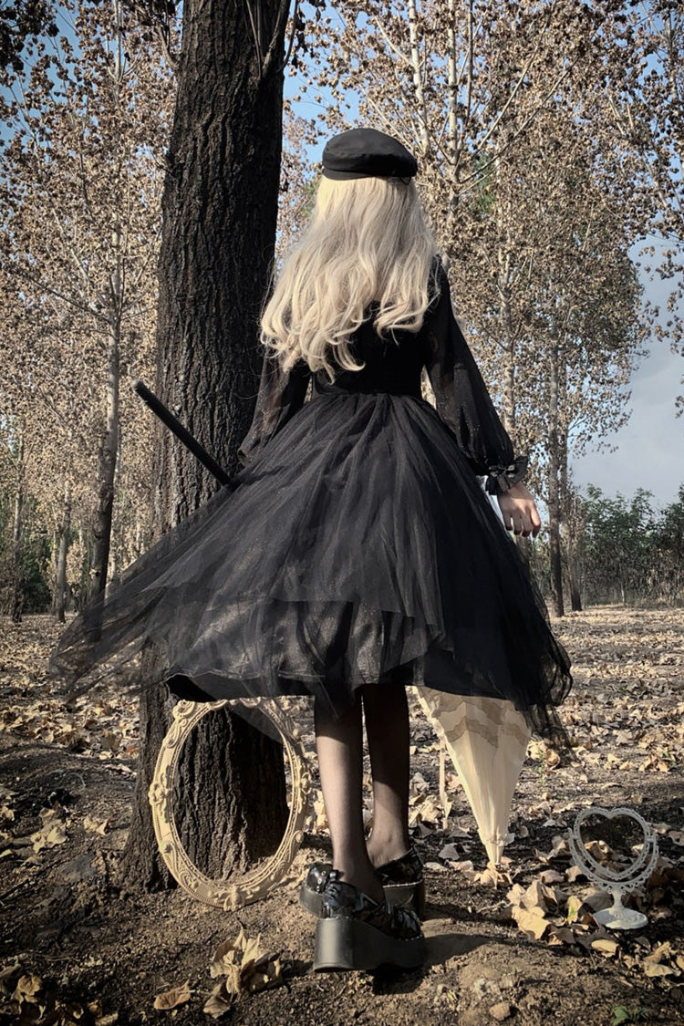 Black Long Sleeves Ruffle Bowknot Stitching Lace Gothic Plus Size Lolita Dress - Product - 6