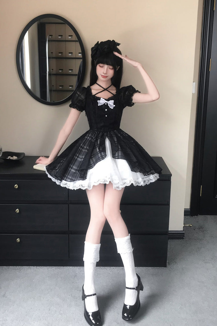 Black/White Square Collar Short Puff Sleeves Plaid Printed Ruffled Bow Lace Sweet Princess Lolita Dress - Product - 2