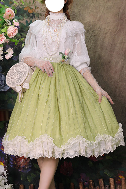 Green Elegant Vintage Tulip Multi-Layer Ruffled Classic Lolita Skirt Dress - Green - 1