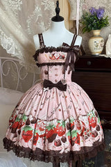Pink [Strawberry Chocolate Lover] Sleeveless Printed Ruffled Embroidered Bow Lace Sweet Lolita Jsk Dress - Product - 3