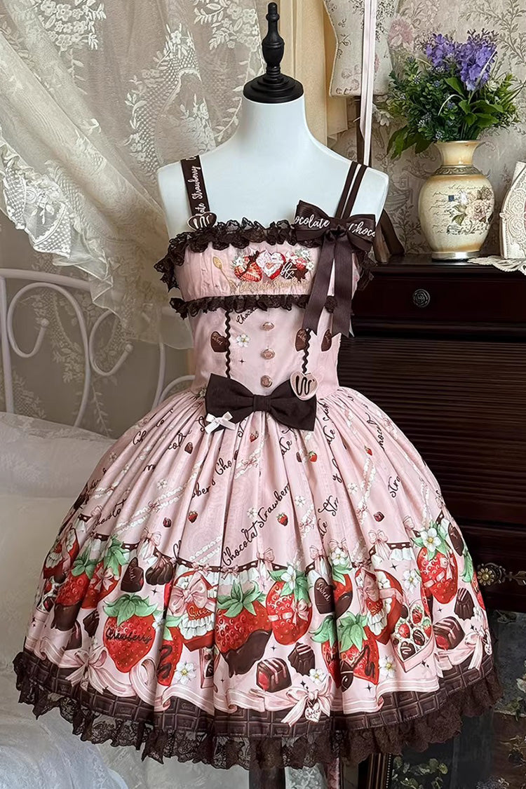 Pink [Strawberry Chocolate Lover] Sleeveless Printed Ruffled Embroidered Bow Lace Sweet Lolita Jsk Dress - Product - 3