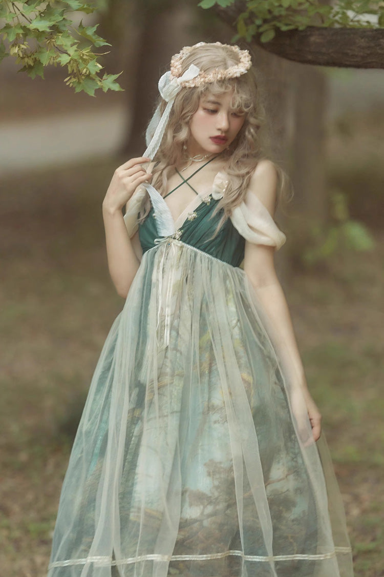 Green V Collar Morning In Pine Forest Print Sweet Lolita Jsk Dress - Product - 5