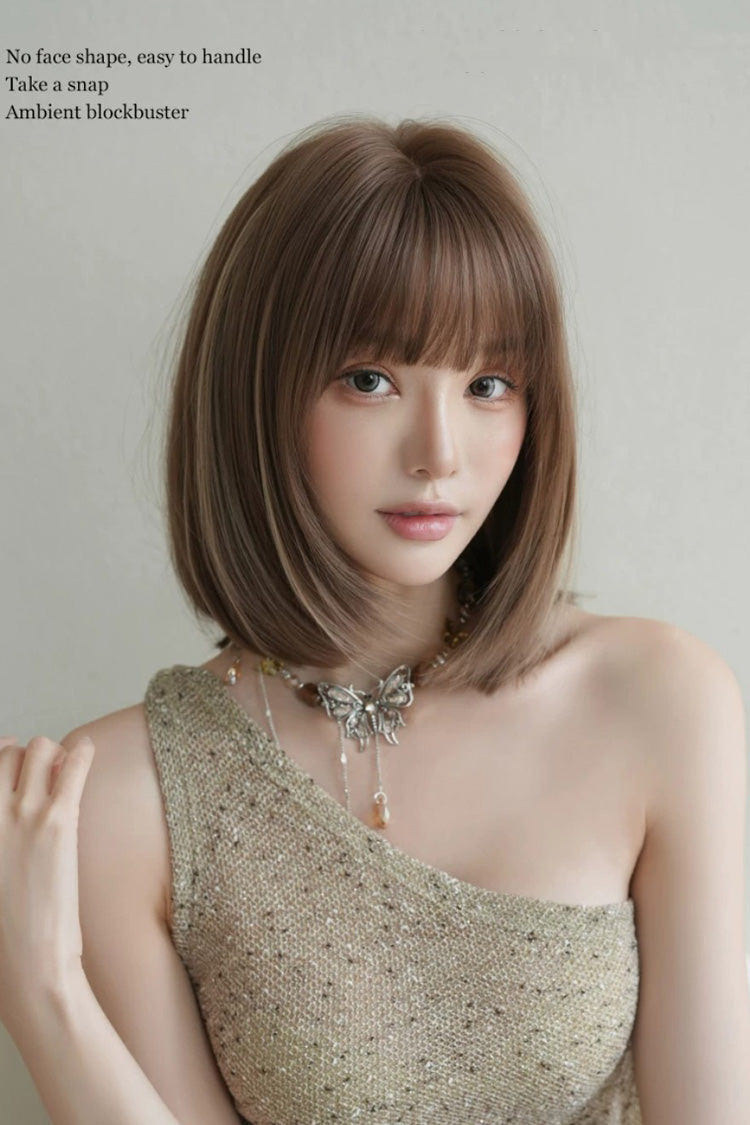 Brown/Beige Highlights Natural Fluffy Age-Reducing Clavicle Bob Sweet Lolita Wig - Product - 5
