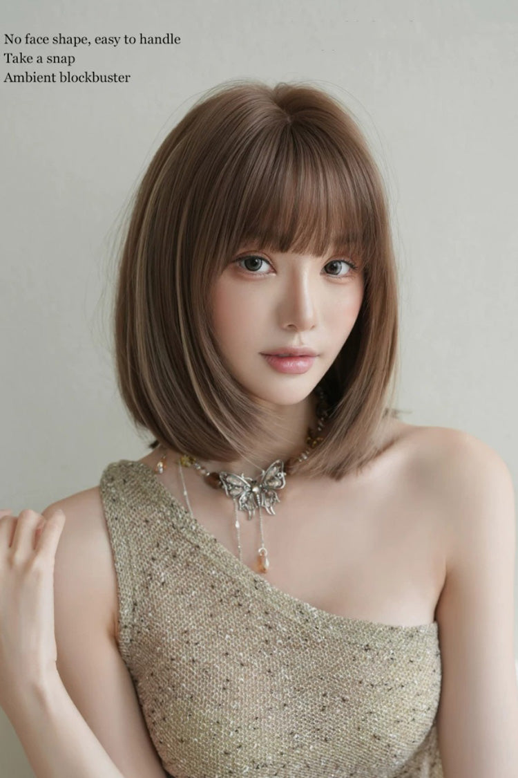 Brown/Beige Highlights Natural Fluffy Age-Reducing Clavicle Bob Sweet Lolita Wig detail view 5