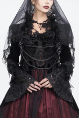 Black Stand Collar Trumpet Sleeves Embroidery Stitching Lace Women's Gothic Jacket - Black - 1