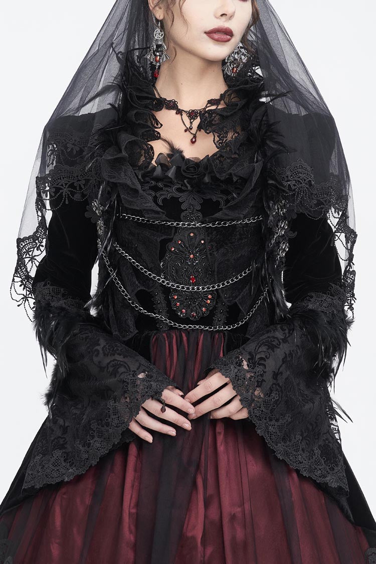 Black Stand Collar Trumpet Sleeves Embroidery Stitching Lace Women's Gothic Jacket - Black - 1