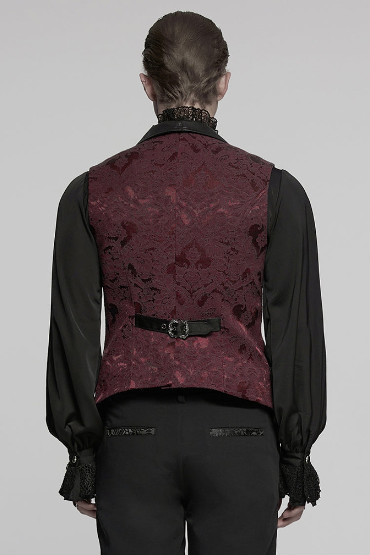 Black/Red Lapel V-neck Sleeveless Jacquard Buckle Men's Gothic Vest - Product - 3