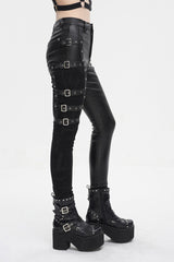 Black Tight Leather Multi Buckle Splice Women's Punk Pants - Product - 4