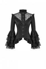 Black Stand Collar Long Trumpet Sleeves Multi-Layered Ruffled Lace Patchwork Lace-Up Women's Victorian Gothic Blouse - Product - 3