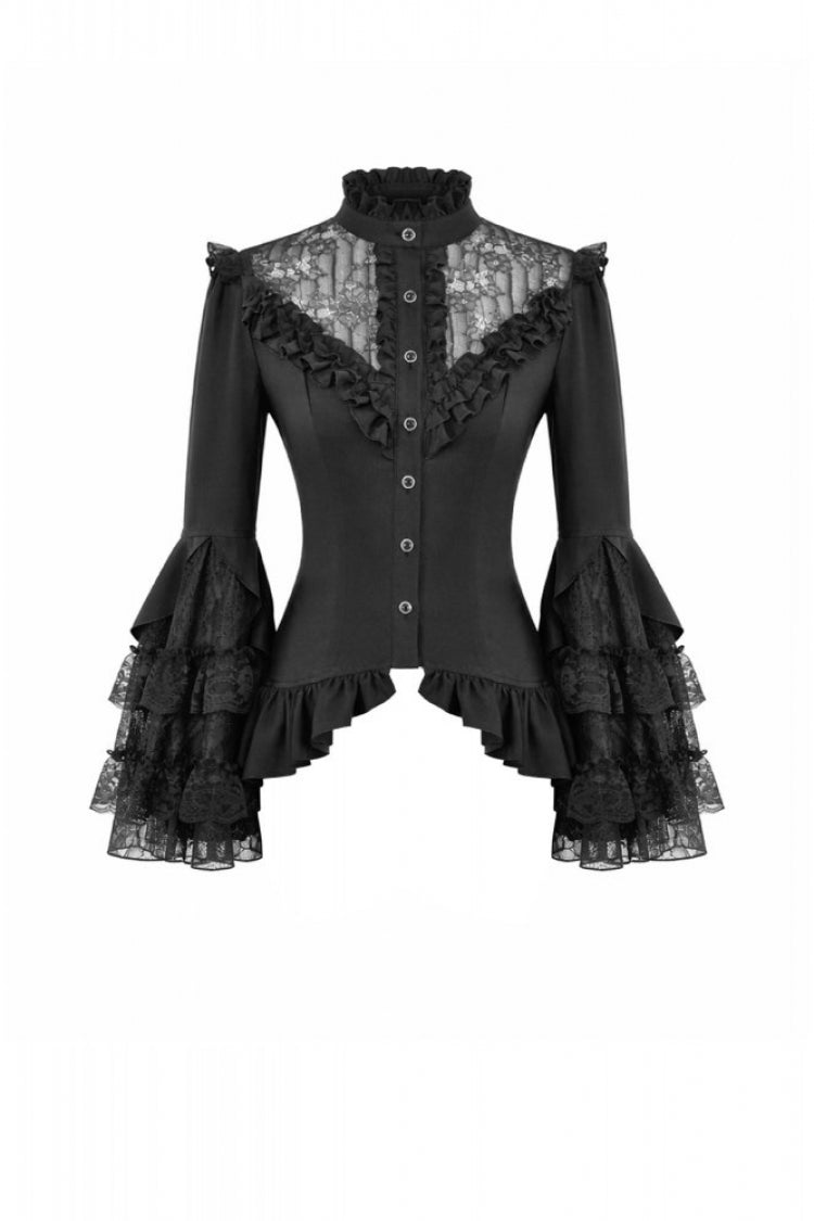 Black Stand Collar Long Trumpet Sleeves Multi-Layered Ruffled Lace Patchwork Lace-Up Women's Victorian Gothic Blouse - Product - 3
