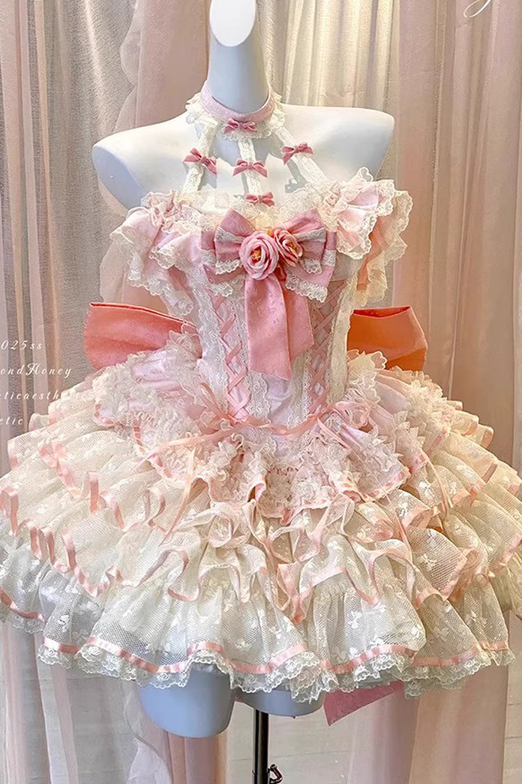 Pink [Flower Language of Eros] Halterneck Multi-Layered Ruffle Bowknot Rose Lace Lace-Up Sweet Ballet Lolita Jsk Dress - Product - 3