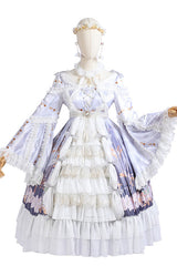 White/Purple Hanayome Cardigan High Waisted Trumpet Sleeves Multi-Layer Ruffled Sweet Lolita OP Dress - Product - 5