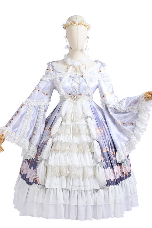 White/Purple Hanayome Cardigan High Waisted Trumpet Sleeves Multi-Layer Ruffled Sweet Lolita OP Dress - Product - 5